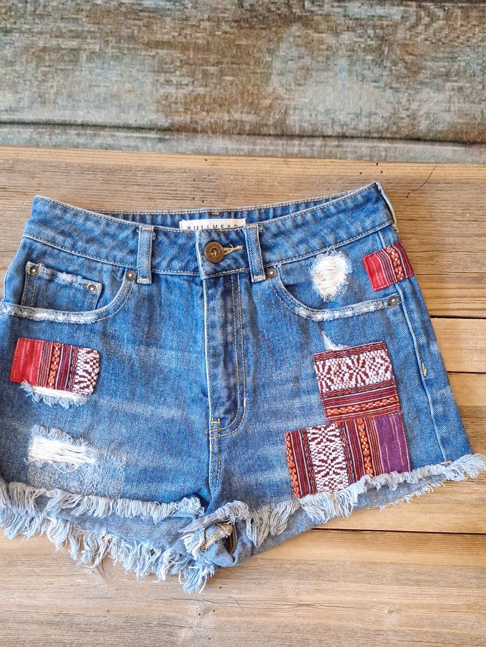 Blue Denim Jean Shorts with Red Patchwork Details. Size 3